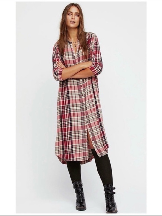 Free People Tops - Free People Loralei Plaid Button-Front Midi Shirt Dress
